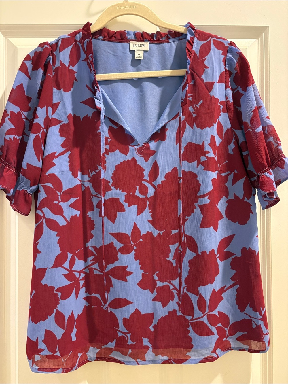 J. Crew Red Floral Print Blouse on Light Blue